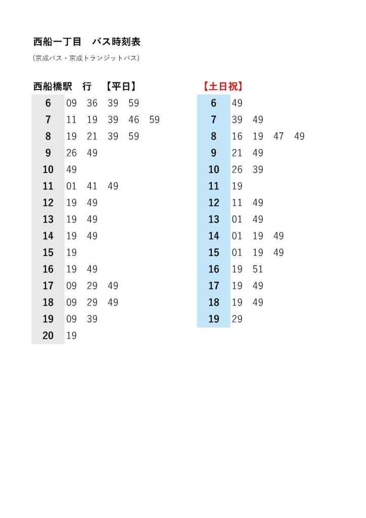 京成バス時刻表「西船橋駅行き」